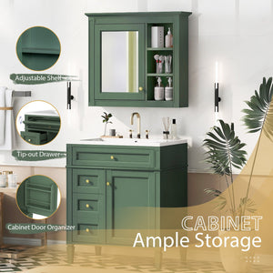 English Elm 30'' Modern Bathroom Vanity with Integrated Mirror Cabinet, Ceramic Sink, 3 Drawers & Ample Storage Green SW000126AAF-1