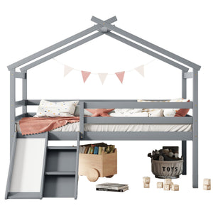 English Elm Twin Low Loft House Bed with Slide Ladder and Guardrails — Playful Kids Loft with Roof Frame, Sturdy Pine Build and Safe Design Grey W504P145315