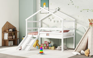 English Elm Twin Low Loft House Bed with Slide Ladder and Guardrails — Playful Kids Loft with Roof Frame, Sturdy Pine Build and Safe Design White W504P145316