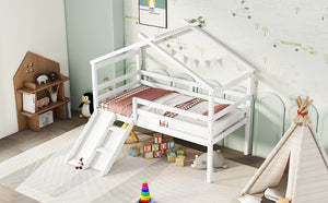 English Elm Twin Low Loft House Bed with Slide Ladder and Guardrails — Playful Kids Loft with Roof Frame, Sturdy Pine Build and Safe Design White W504P145316