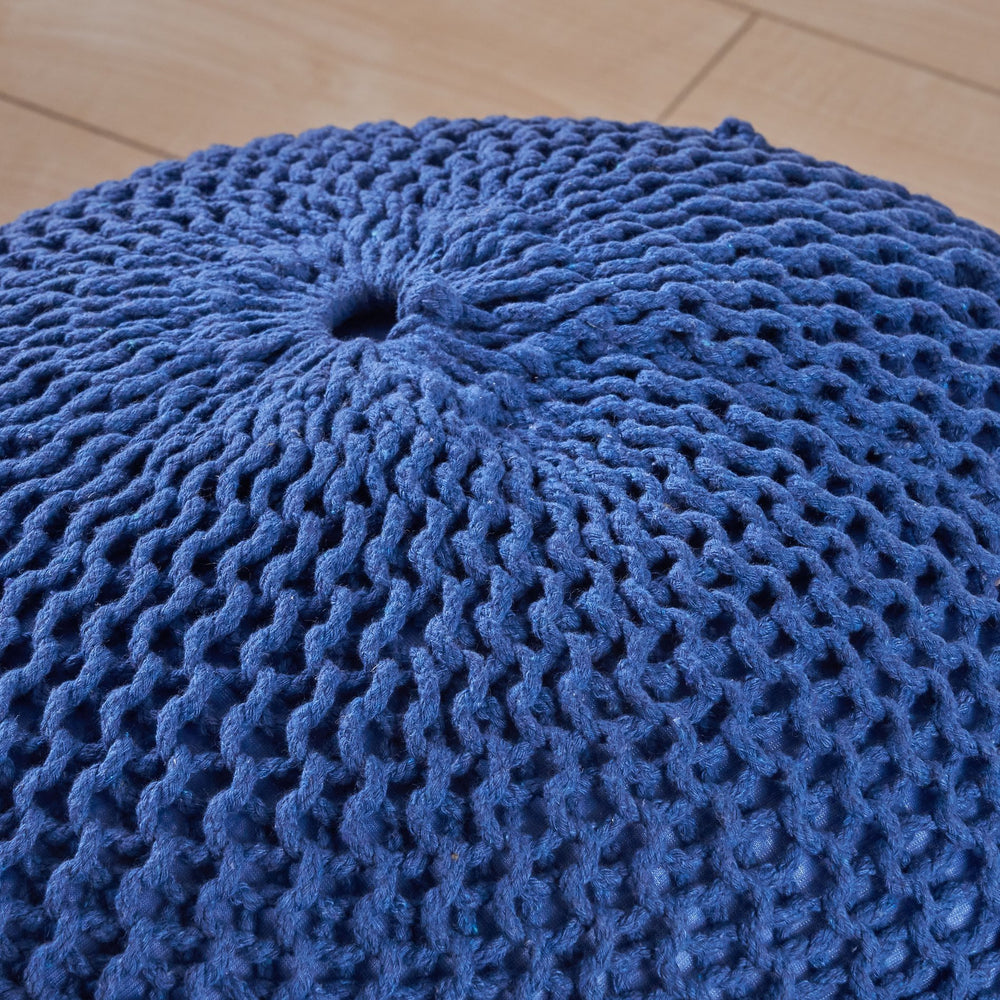 English Elm Bordeaux Cozy Navy Blue Knitted Cotton Round Pouf - Versatile Seating, Footrest & Decor Accent B181P162851