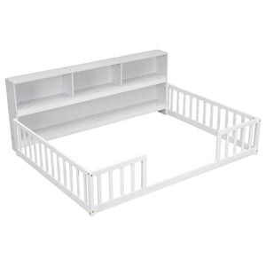 English Elm Full Floor bed with side bookcase and guardrails — space-saving storage shelves, sturdy pine construction, modern style (Full) White W504142775