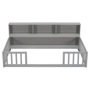 English Elm Twin Floor Bed with Built-In Bedside Bookcase and Shelves, Space-Saving Design with Guardrails Grey W504142770