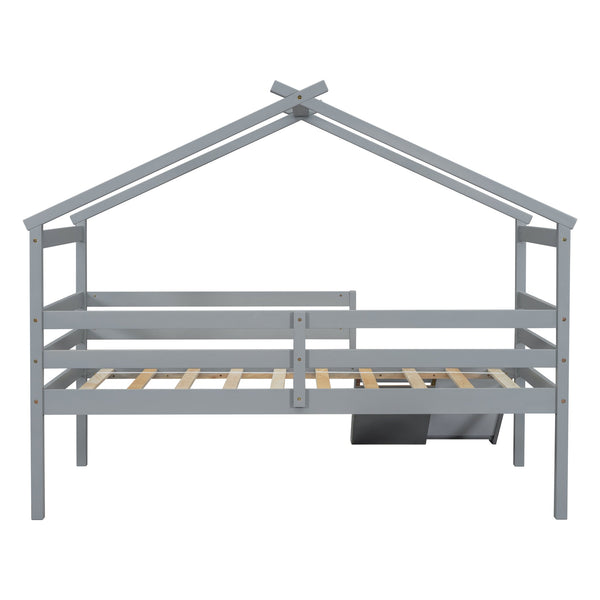English Elm Twin Low Loft House Bed with Slide Ladder and Guardrails — Playful Kids Loft with Roof Frame, Sturdy Pine Build and Safe Design Grey W504P145315