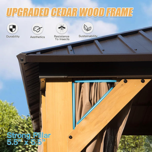 English Elm 12X16Ft Cedar Wood Gazebo - Durable Hardtop With Double Steel Roof, Curtains & Netting For Outdoor Bliss W1859S00064