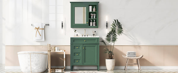 English Elm 30'' Modern Bathroom Vanity with Integrated Mirror Cabinet, Ceramic Sink, 3 Drawers & Ample Storage Green SW000126AAF-1