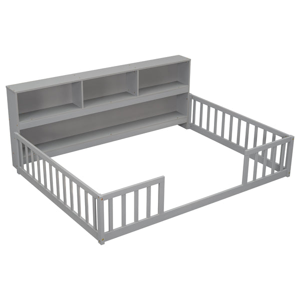 English Elm Full Floor bed with side bookcase and guardrails — space-saving storage shelves, sturdy pine construction, modern style (Full) Grey W504142774
