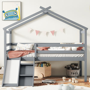 English Elm Twin Low Loft House Bed with Slide Ladder and Guardrails — Playful Kids Loft with Roof Frame, Sturdy Pine Build and Safe Design Grey W504P145315