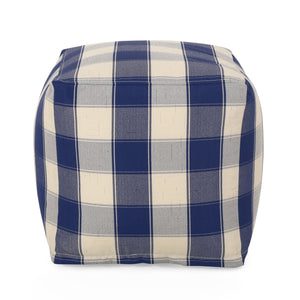 English Elm Connor Checkered Square Pouf Ivory & Navy Blue - Versatile Ottoman Floor Cushion 16"x16" Spot-Cleanable B181P162889