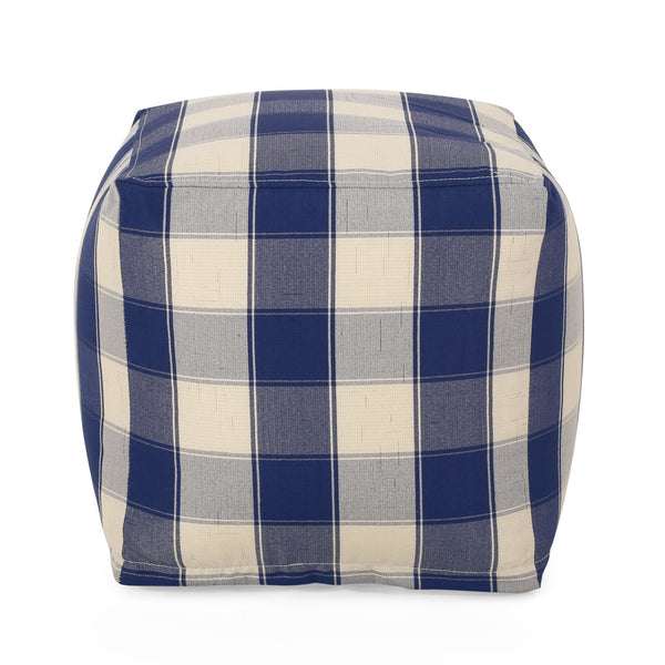 English Elm Connor Checkered Square Pouf Ivory & Navy Blue - Versatile Ottoman Floor Cushion 16"x16" Spot-Cleanable B181P162889
