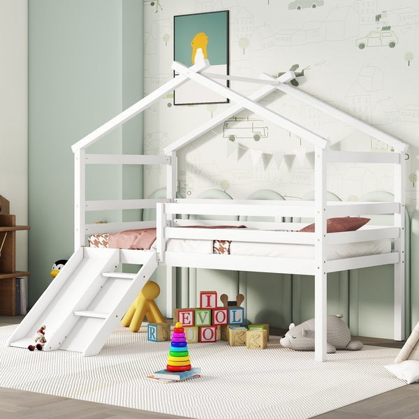 English Elm Twin Low Loft House Bed with Slide Ladder and Guardrails — Playful Kids Loft with Roof Frame, Sturdy Pine Build and Safe Design White W504P145316