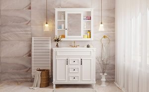 English Elm 36'' Bathroom Vanity with Sink and Mirror Cabinet, Modern MDF & Solid Wood Design, Ceramic Top, Soft-Close Doors White SW000115AAK-1