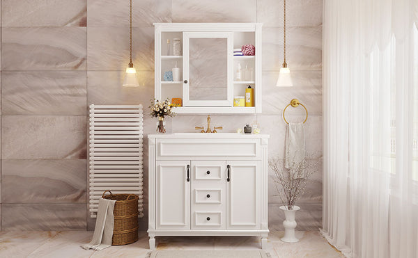 English Elm 36'' Bathroom Vanity with Sink and Mirror Cabinet, Modern MDF & Solid Wood Design, Ceramic Top, Soft-Close Doors White SW000115AAK-1