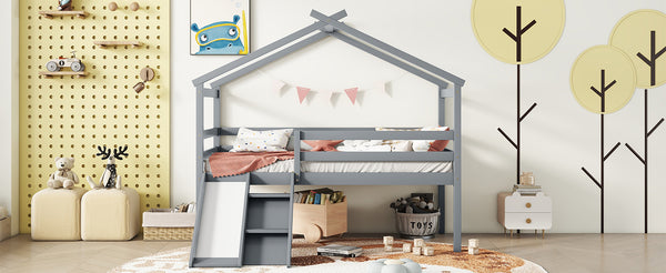 English Elm Twin Low Loft House Bed with Slide Ladder and Guardrails — Playful Kids Loft with Roof Frame, Sturdy Pine Build and Safe Design Grey W504P145315