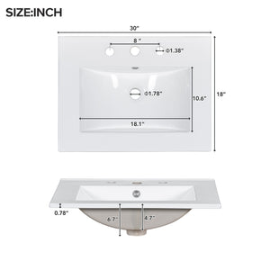 English Elm 30-Inch Bathroom Vanity with Ceramic Sink, Gold Handles, Solid Wood Frame and Soft-Close Drawers White N729P195052K