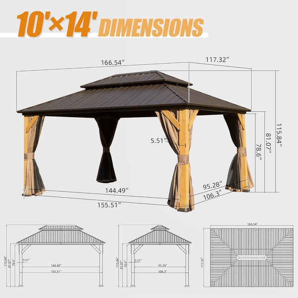 English Elm 10x14FT Cedar Wood Gazebo Solid Hardtop with Galvanized Double Roof, Netting, Curtains, 115sqft Shade W1859S00097