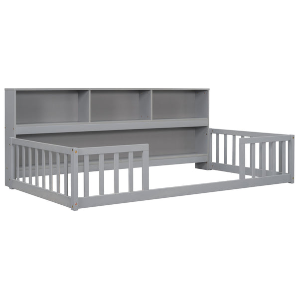 English Elm Twin Floor Bed with Built-In Bedside Bookcase and Shelves, Space-Saving Design with Guardrails Grey W504142770