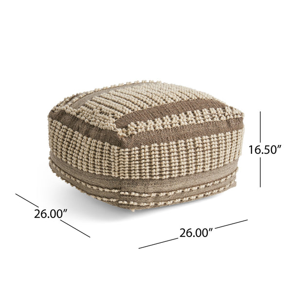 English Elm Rustic Large Tufted Wool & Cotton Pouf in Brown-Beige, Handcrafted Cozy Ottoman 26"x26"x16.5" B181P162857