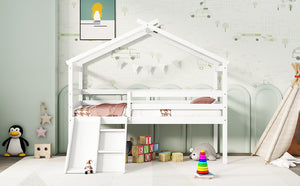 English Elm Twin Low Loft House Bed with Slide Ladder and Guardrails — Playful Kids Loft with Roof Frame, Sturdy Pine Build and Safe Design White W504P145316