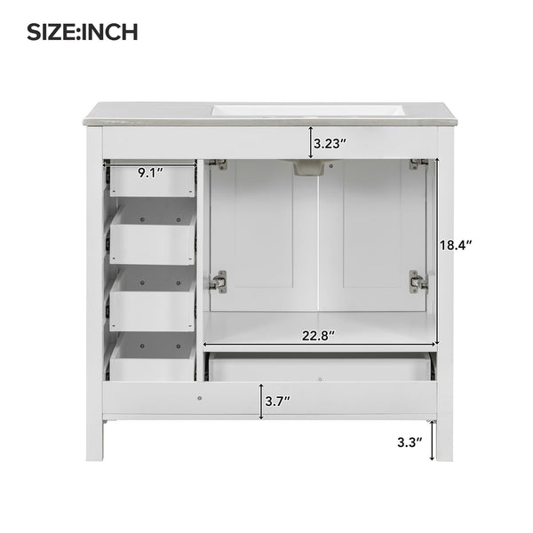 English Elm 36" White Bathroom Vanity with Ceramic Sink, 2 Soft-Close Doors & 5 Drawers, Modern Storage Chic WF319798AAK