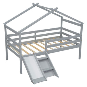 English Elm Twin Low Loft House Bed with Slide Ladder and Guardrails — Playful Kids Loft with Roof Frame, Sturdy Pine Build and Safe Design Grey W504P145315