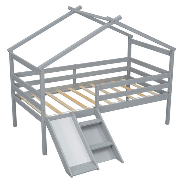 English Elm Twin Low Loft House Bed with Slide Ladder and Guardrails — Playful Kids Loft with Roof Frame, Sturdy Pine Build and Safe Design Grey W504P145315