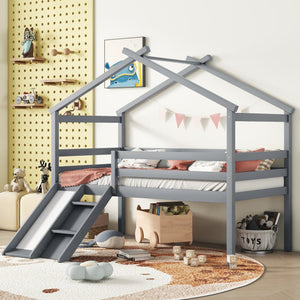 English Elm Twin Low Loft House Bed with Slide Ladder and Guardrails — Playful Kids Loft with Roof Frame, Sturdy Pine Build and Safe Design Grey W504P145315