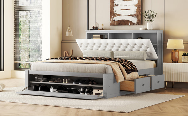 English Elm Wood Queen Size Platform Bed with Storage Headboard, 4 Drawers and Shoe Rack, Sturdy Timber Design Gray GX000379AAE