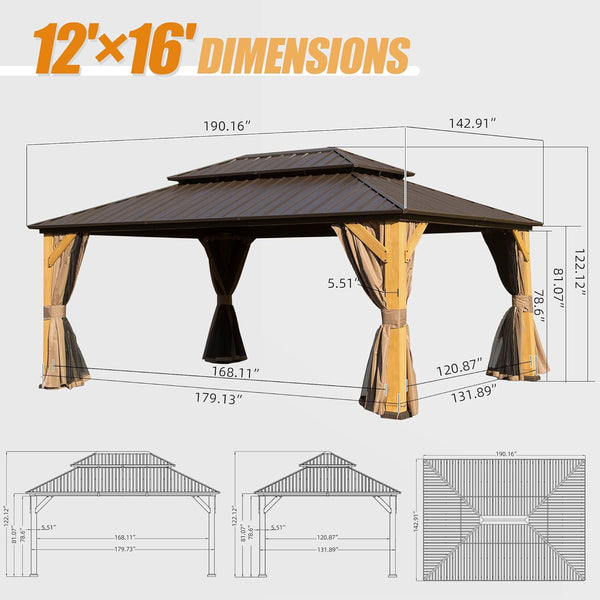 English Elm 12X16Ft Cedar Wood Gazebo - Durable Hardtop With Double Steel Roof, Curtains & Netting For Outdoor Bliss W1859S00064