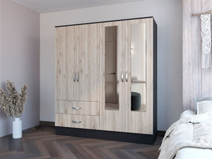 English Elm Armoire Ron 70.8" High Bedroom Cabinet in Light Gray Engineered Wood with Mirrors, Shelves & Drawers B092S00207