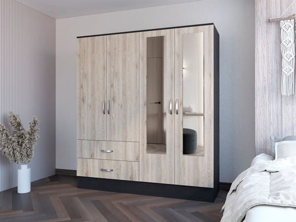 English Elm Armoire Ron 70.8" High Bedroom Cabinet in Light Gray Engineered Wood with Mirrors, Shelves & Drawers B092S00207