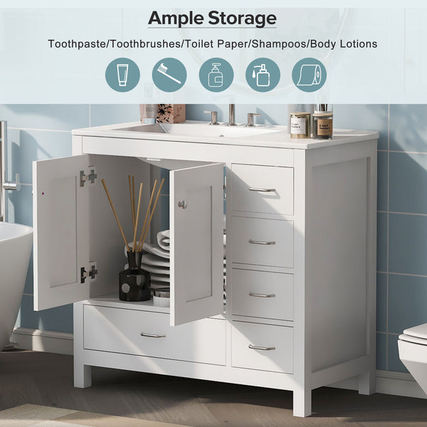 English Elm 36" White Bathroom Vanity with Ceramic Sink, 2 Soft-Close Doors & 5 Drawers, Modern Storage Chic WF319798AAK