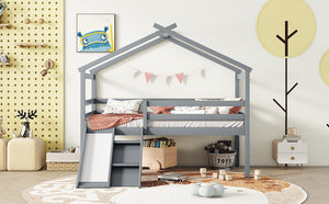 English Elm Twin Low Loft House Bed with Slide Ladder and Guardrails — Playful Kids Loft with Roof Frame, Sturdy Pine Build and Safe Design Grey W504P145315