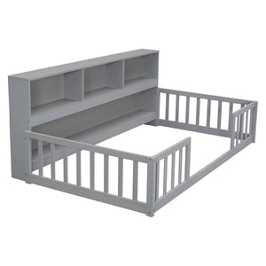 English Elm Twin Floor Bed with Built-In Bedside Bookcase and Shelves, Space-Saving Design with Guardrails Grey W504142770