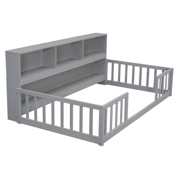 English Elm Twin Floor Bed with Built-In Bedside Bookcase and Shelves, Space-Saving Design with Guardrails Grey W504142770