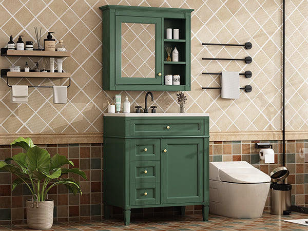 English Elm 30'' Modern Bathroom Vanity with Integrated Mirror Cabinet, Ceramic Sink, 3 Drawers & Ample Storage Green SW000126AAF-1