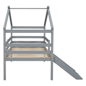 English Elm Twin Low Loft House Bed with Slide Ladder and Guardrails — Playful Kids Loft with Roof Frame, Sturdy Pine Build and Safe Design Grey W504P145315