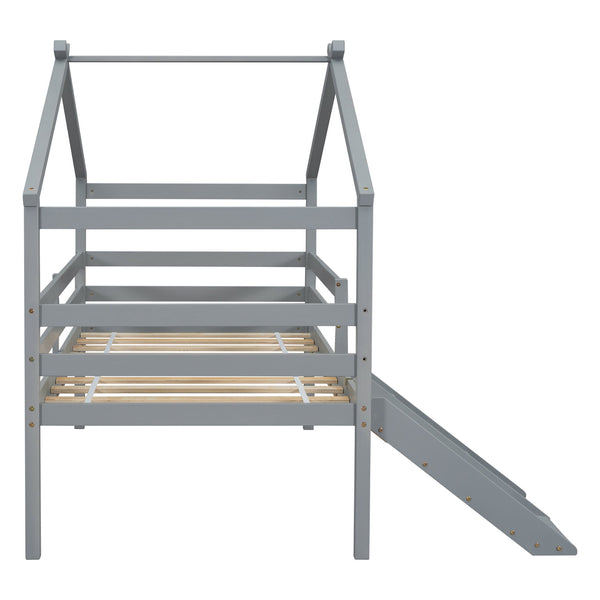 English Elm Twin Low Loft House Bed with Slide Ladder and Guardrails — Playful Kids Loft with Roof Frame, Sturdy Pine Build and Safe Design Grey W504P145315