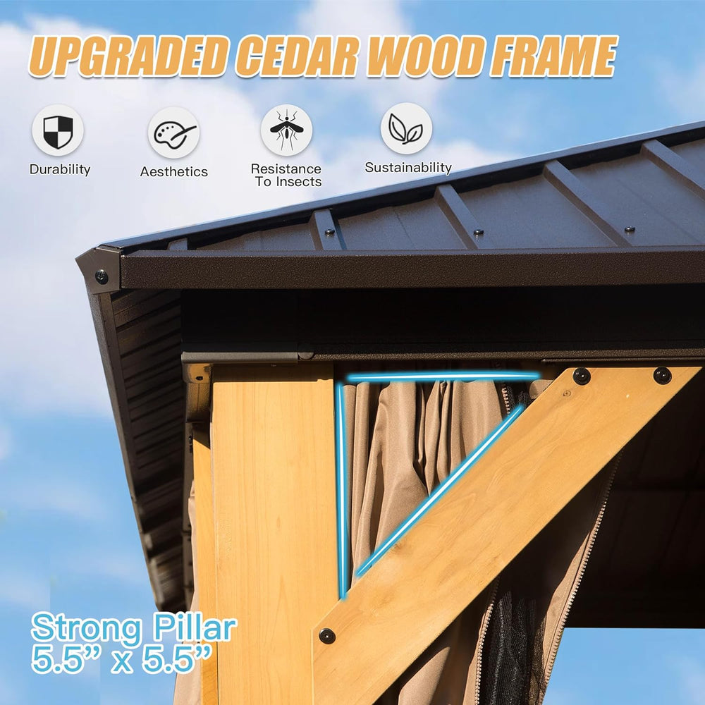 English Elm 10x14FT Cedar Wood Gazebo Solid Hardtop with Galvanized Double Roof, Netting, Curtains, 115sqft Shade W1859S00097