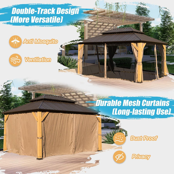 English Elm 10x14FT Cedar Wood Gazebo Solid Hardtop with Galvanized Double Roof, Netting, Curtains, 115sqft Shade W1859S00097