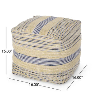 English Elm Western Handcrafted Durable Wool Hemp Pouf in Natural & Blue - 20" Square, 200 lb Capacity, Filled B181P162844