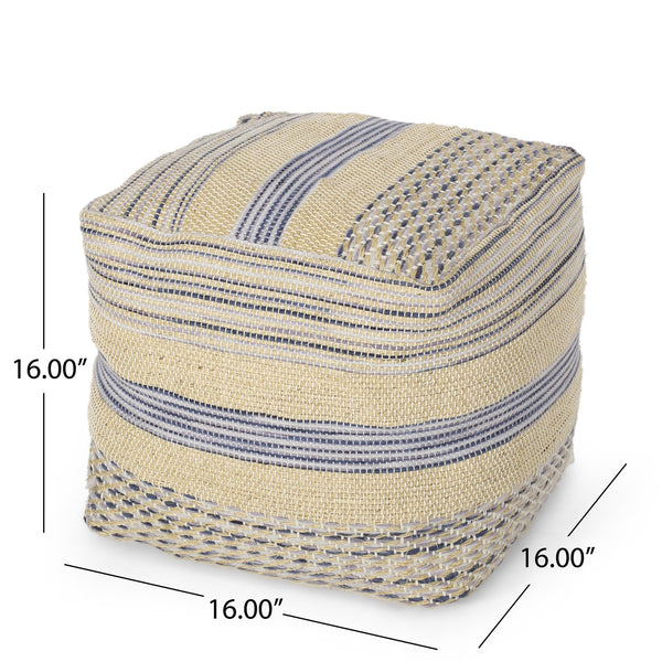 English Elm Western Handcrafted Durable Wool Hemp Pouf in Natural & Blue - 20" Square, 200 lb Capacity, Filled B181P162844
