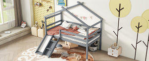 English Elm Twin Low Loft House Bed with Slide Ladder and Guardrails — Playful Kids Loft with Roof Frame, Sturdy Pine Build and Safe Design Grey W504P145315