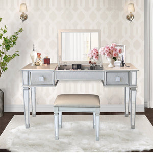 English Elm Mirrored Vanity Desk with Drawers, Silver Flip-Up Makeup Table Set with Stool, Crystal Knobs, Storage W2170140324