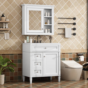 English Elm 30'' Modern Bathroom Vanity with Integrated Mirror Cabinet, Ceramic Sink, 3 Drawers & Ample Storage White SW000126AAK-1