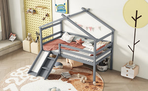 English Elm Twin Low Loft House Bed with Slide Ladder and Guardrails — Playful Kids Loft with Roof Frame, Sturdy Pine Build and Safe Design Grey W504P145315