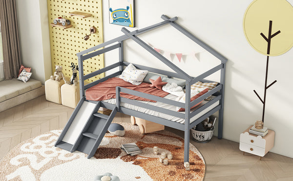 English Elm Twin Low Loft House Bed with Slide Ladder and Guardrails — Playful Kids Loft with Roof Frame, Sturdy Pine Build and Safe Design Grey W504P145315