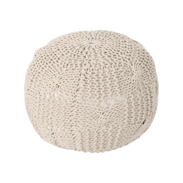 English Elm Bordeaux Cozy Knitted Cotton Round Pouf – Versatile Beige Ottoman & Decorative Cushion For Any Room B181P162862