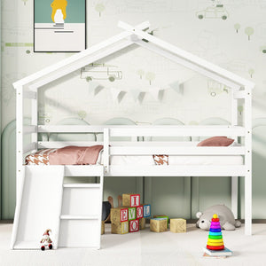 English Elm Twin Low Loft House Bed with Slide Ladder and Guardrails — Playful Kids Loft with Roof Frame, Sturdy Pine Build and Safe Design White W504P145316