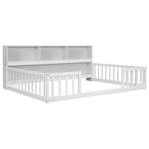 English Elm Full Floor bed with side bookcase and guardrails — space-saving storage shelves, sturdy pine construction, modern style (Full) White W504142775